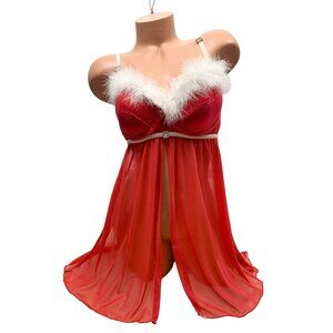 VTG Red Feather Trim Lingerie Babydoll Nightgown Holiday Santa Inner Secrets L